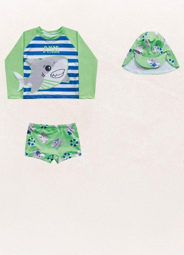 Fakini Kids - Conjunto Camiseta M/Longa/Sunga/Chapéu Verde