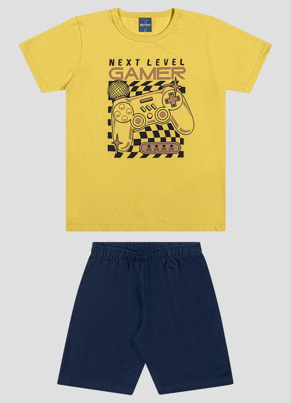 Reirex - Conjunto Camiseta Meia Malha e Bermuda Amarelo