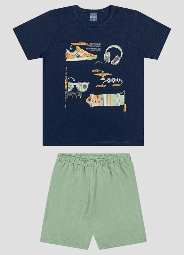 Reirex - Conjunto Camiseta Meia Malha e Bermuda Azul