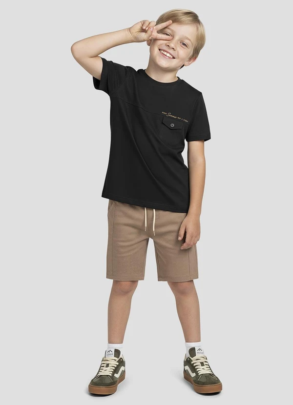 Reirex - Conjunto Camiseta Meia Malha e Bermuda Preto