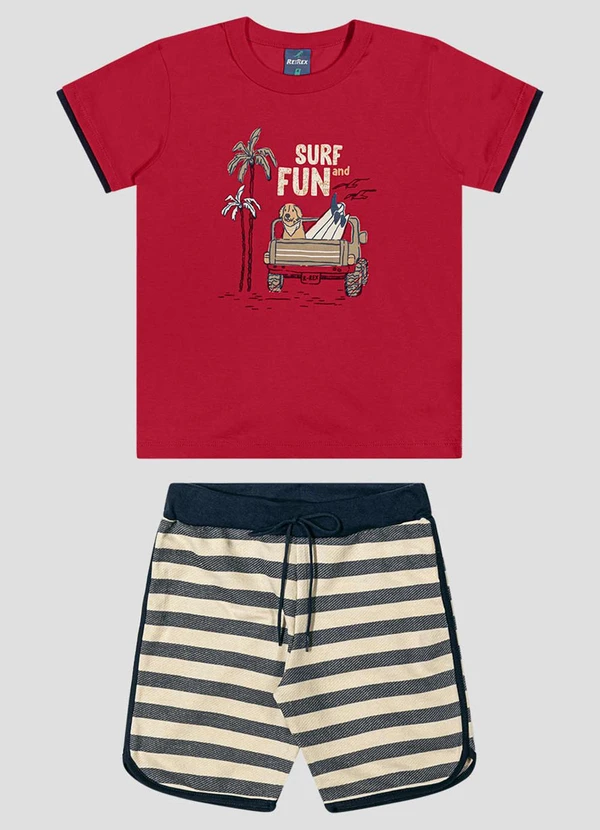 Reirex - Conjunto Camiseta Meia Malha e Bermuda Vermelho