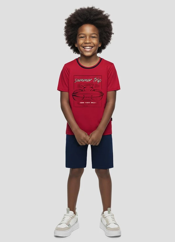 Reirex - Conjunto Camiseta Meia Malha e Bermuda Vermelho