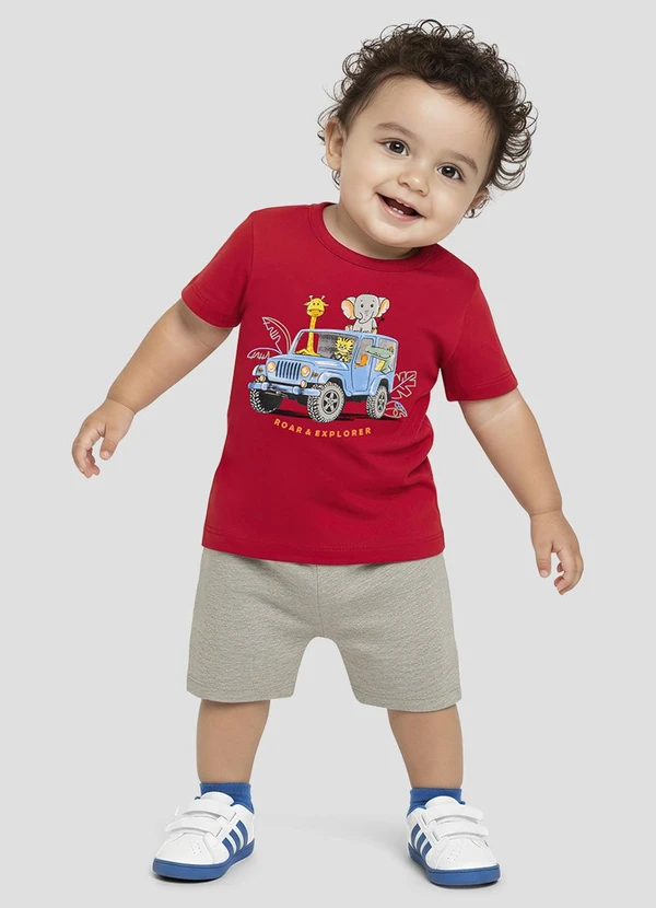 Reirex - Conjunto Camiseta Meia Malha e Bermuda Vermelho