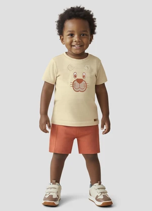 Reirex - Conjunto Camiseta Meia Malhad e Bermuda Bege - REIREX