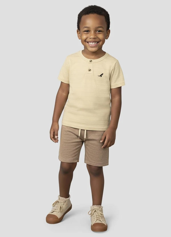 Reirex - Conjunto Camiseta Meia Malhad e Bermuda Bege