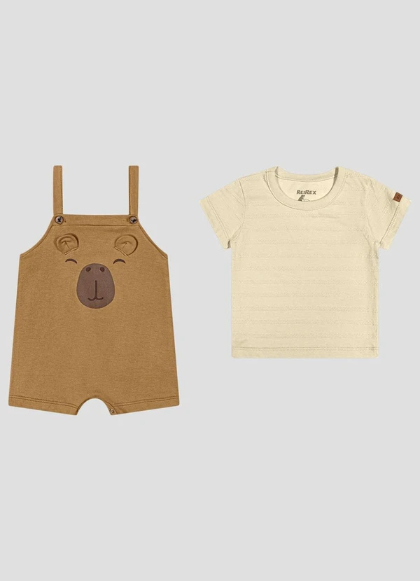 Reirex - Conjunto Camiseta Meia Malhad e Jardineira Bege