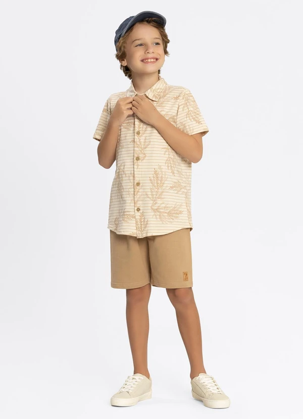 Alakazoo - Conjunto com Bermuda e Camisa Estampada Bege