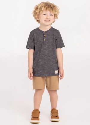 Alakazoo - Conjunto com Bermuda e Camiseta com Botões Preto - ALAKAZOO