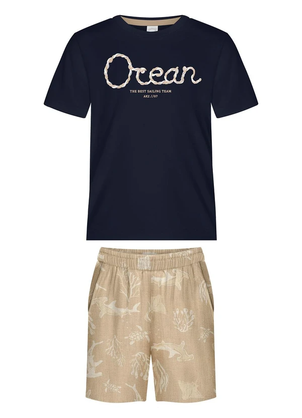 Alakazoo - Conjunto com Bermuda Estampada e Camiseta Bege