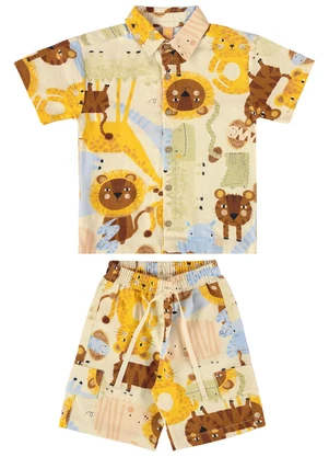 Três e Já - Conjunto com Camisa e Bermuda Bege - TRÊS E JÁ