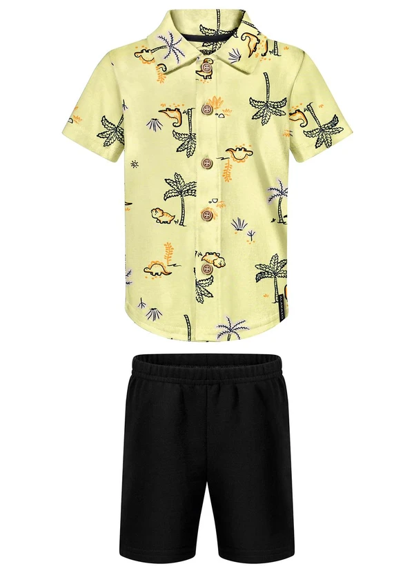 Alakazoo - Conjunto com Camisa Estampada e Bermuda Amarelo