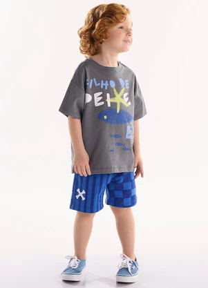 Três e Já - Conjunto com Camiseta e Bermuda Cinza - TRÊS E JÁ