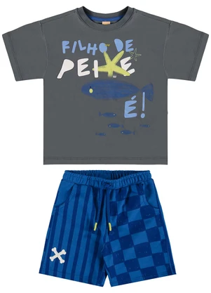 Três e Já - Conjunto com Camiseta e Bermuda Cinza - TRÊS E JÁ