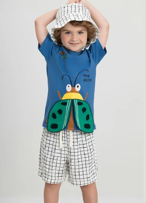 Conjunto com Camiseta e Bermuda Três e Já Azul - TRÊS E JÁ