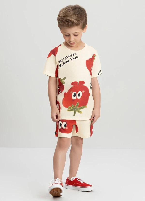 Três e Já - Conjunto com Camiseta e Short Três e Já Bege