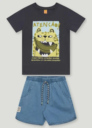 Conjunto com Camiseta e Short Três e Já Cinza - TRÊS E JÁ
