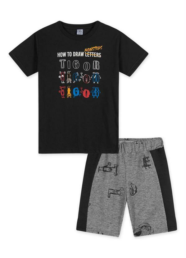 Tigor T Tigre - Conjunto Curto Moletom Infantil Masculino Preto
