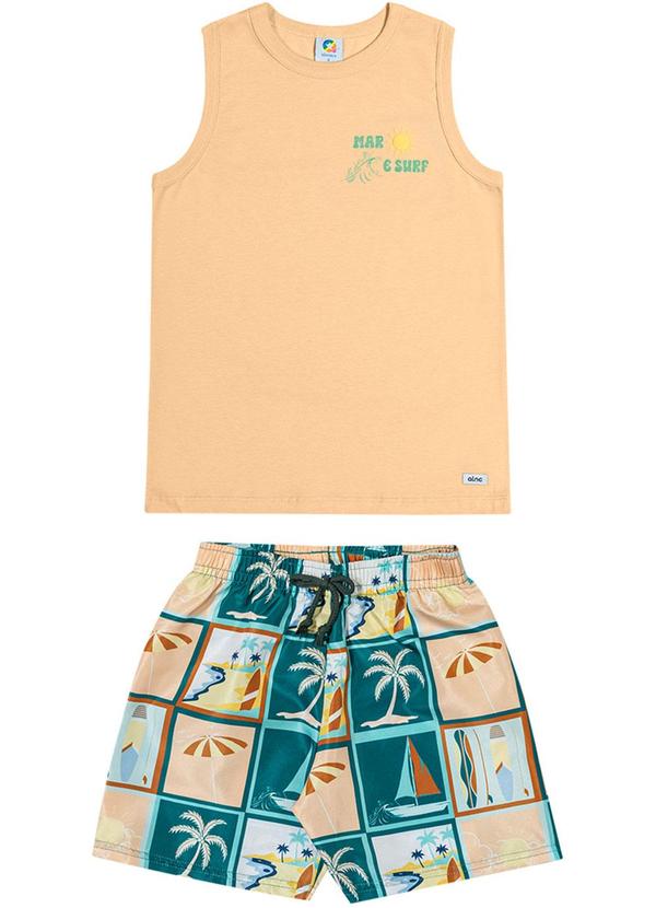 Alenice - Conjunto em Politel Estampado com Puff Laranja