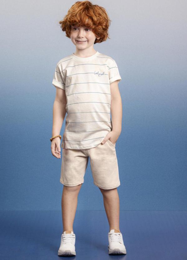 Ioluig - Conjunto Infantil Camiseta Folhas e Bermuda Bege