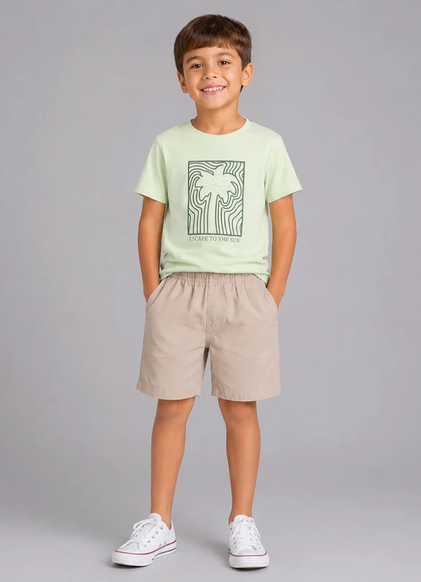 Rovi Kids - Conjunto Infantil Camiseta Palmeira e Bermuda Bege Verde Claro