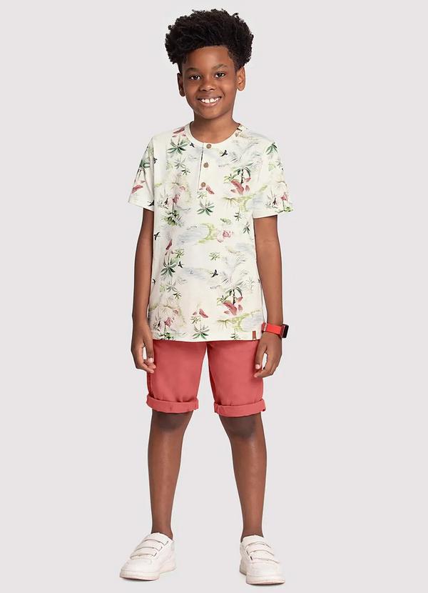 Alakazoo - Conjunto Infantil com Camiseta Gola Padre e Bermuda Bege