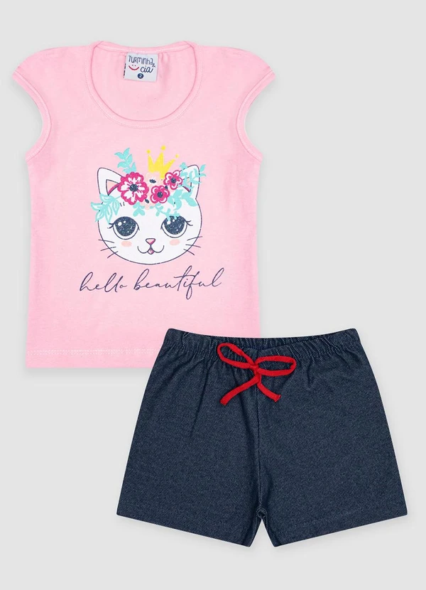 Turminha - Conjunto Infantil Cotton Gatinho Rosa