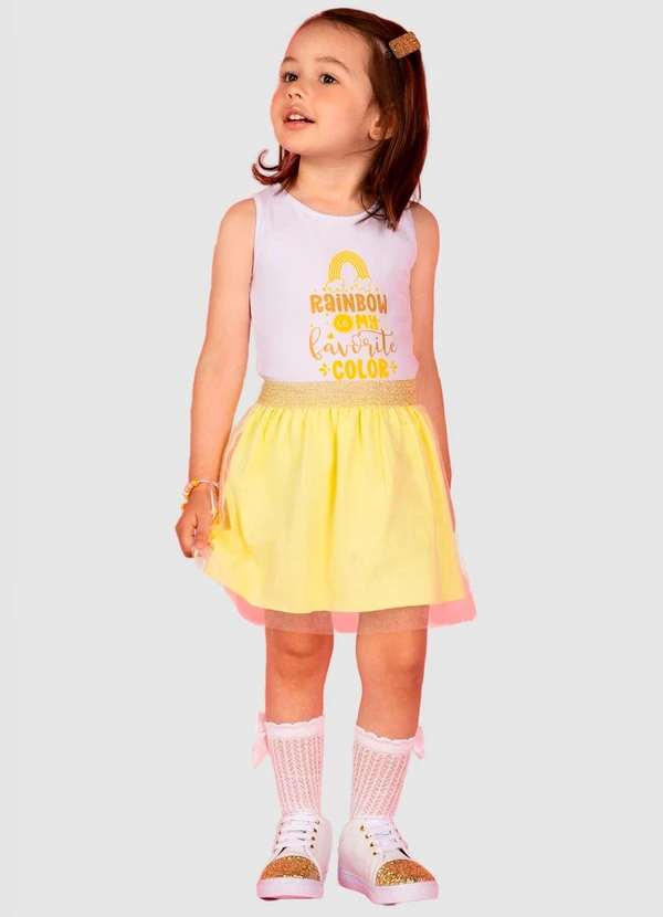Turminha Conjunto Infantil Cotton/Saia Tule Amarelo