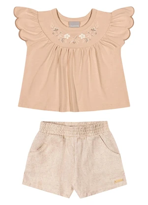 Colorittá - Conjunto Infantil Menina Bordado Flores Bege - COLORITTÁ