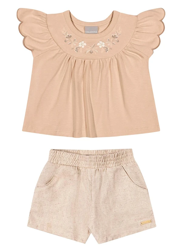 Colorittá - Conjunto Infantil Menina Bordado Flores Bege