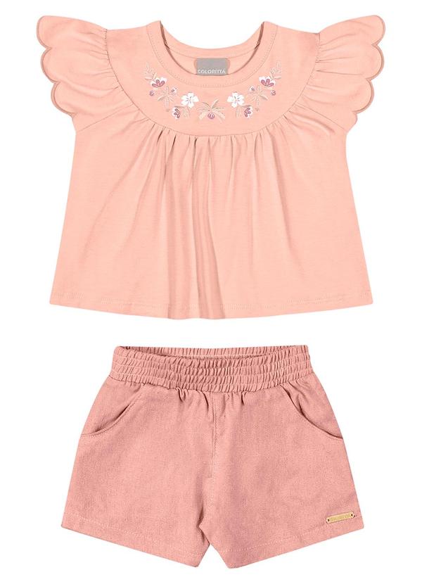 Colorittá - Conjunto Infantil Menina Bordado Flores Rosa