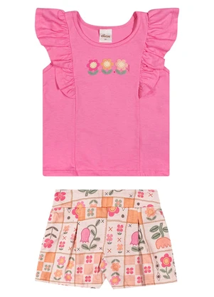 Elian - Conjunto Infantil Menina Floral com Babados Rosa - ELIAN