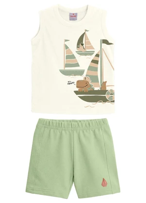 Brandili - Conjunto Infantil Menino Barco Puff Bege - BRANDILI