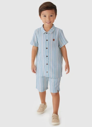 Carinhoso - Conjunto Listrado em Linho Azul Claro - CARINHOSO