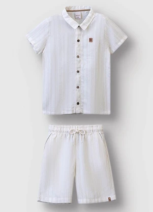 Carinhoso - Conjunto Listrado em Linho Off White - CARINHOSO