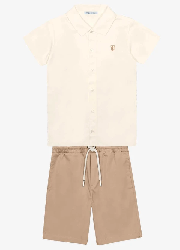 【ニック様HM25-U9M】 Conjunto Menino Camisa com Bermuda Bege - Trick Nick