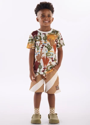 Três e Já - Conjunto Menino Camiseta e Bermuda Bege - TRÊS E JÁ