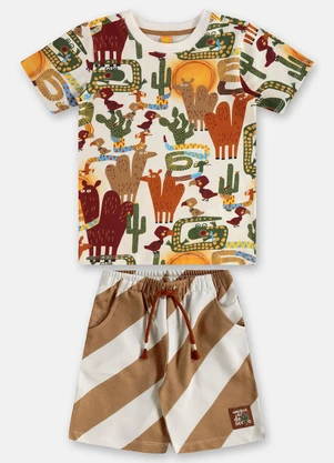 Três e Já - Conjunto Menino Camiseta e Bermuda Bege - TRÊS E JÁ