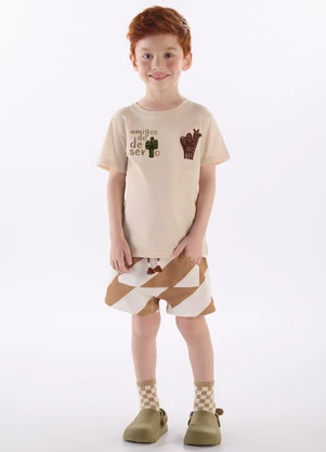 Três e Já - Conjunto Menino Camiseta e Short Bege - TRÊS E JÁ