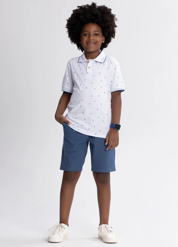 Alakazoo - Conjunto Menino com Camisa Polo e Bermuda Branco