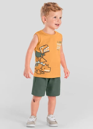 Brandili - Conjunto Menino de Dinossauro em Puff Laranja - BRANDILI