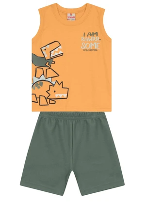 Brandili - Conjunto Menino de Dinossauro em Puff Laranja - BRANDILI