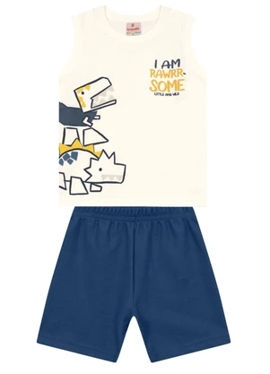 Brandili - Conjunto Menino de Dinossauro em Puff Natural - BRANDILI