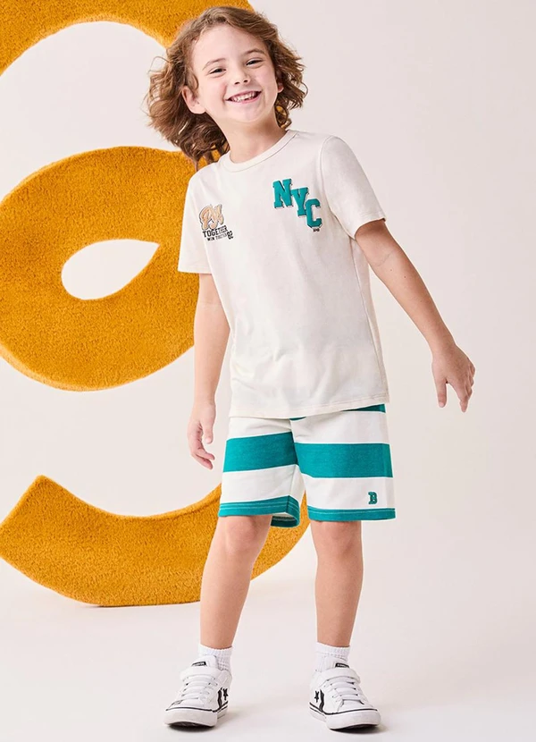 Bimbi - Conjunto Menino Listrado Estampado Off White