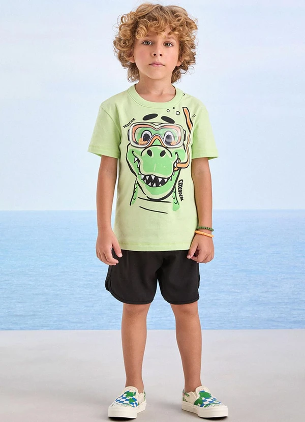 Youccie - Conjunto Off White Estampa de Dino Verde