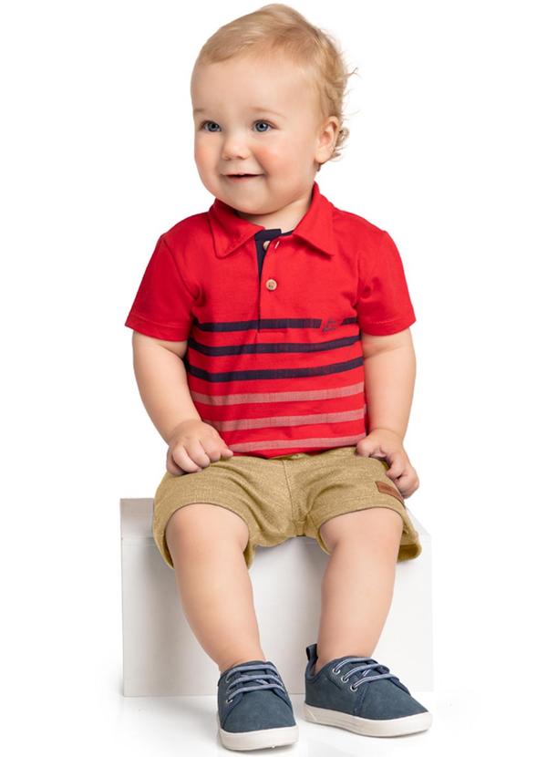 Marlan - Conjunto Polo e Bermuda Moletinho Jeans Vermelho