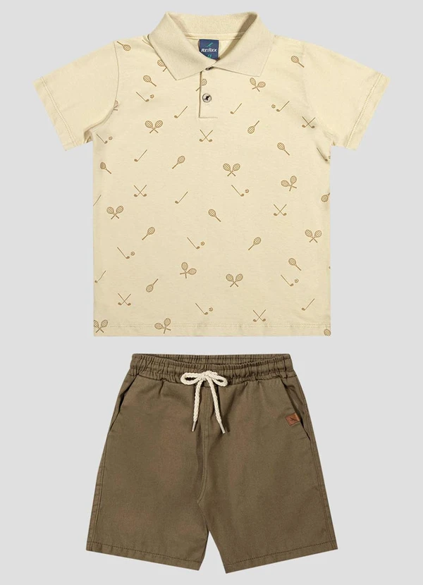 Reirex - Conjunto Polo e Bermuda Sarja Brim Light Bege