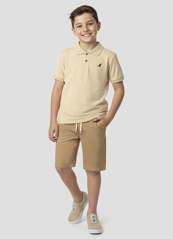 Reirex - Conjunto Polo e Bermuda Sarja Brim Light Bege