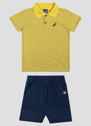 Reirex - Conjunto Polo Listrada e Bermuda Amarelo - REIREX