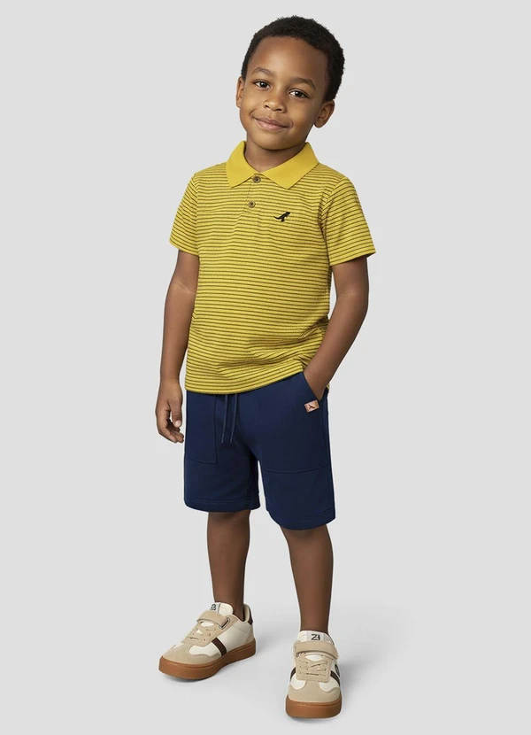 Reirex - Conjunto Polo Listrada e Bermuda Amarelo