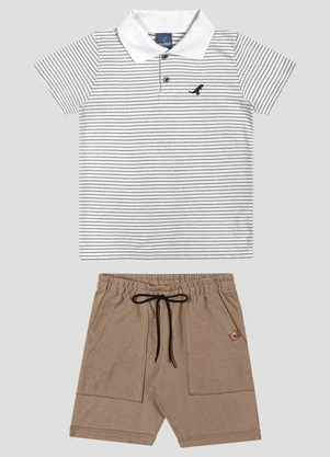 Reirex - Conjunto Polo Listrada e Bermuda Branco - REIREX
